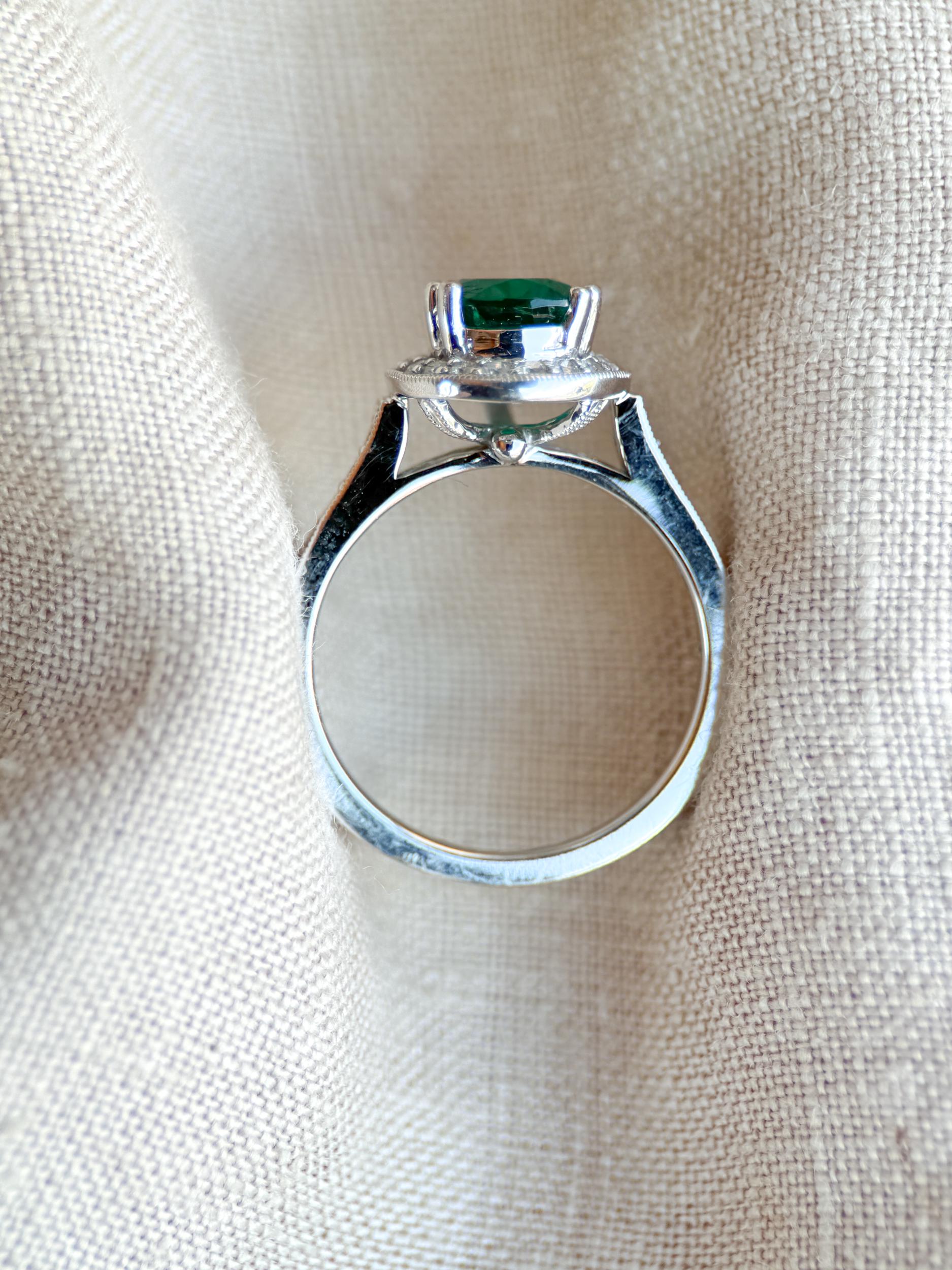 Vintage Emerald Engagement Ring, Pear Cut Halo 14k White Gold, Alternative Bridal Ring