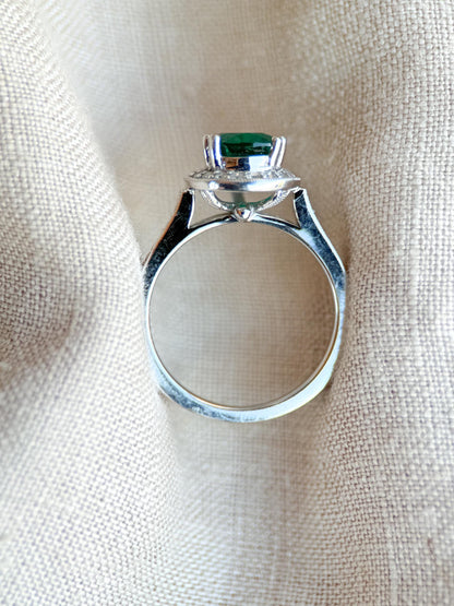Vintage Emerald Engagement Ring, Pear Cut Halo 14k White Gold, Alternative Bridal Ring