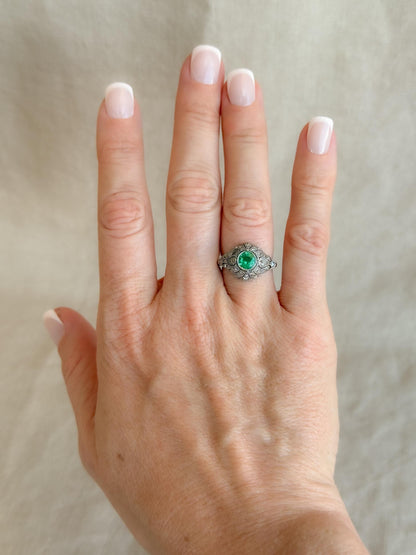 Vintage Emerald and Diamond Engagement Ring, Round Victorian Sterling Silver Alternative Bridal Ring