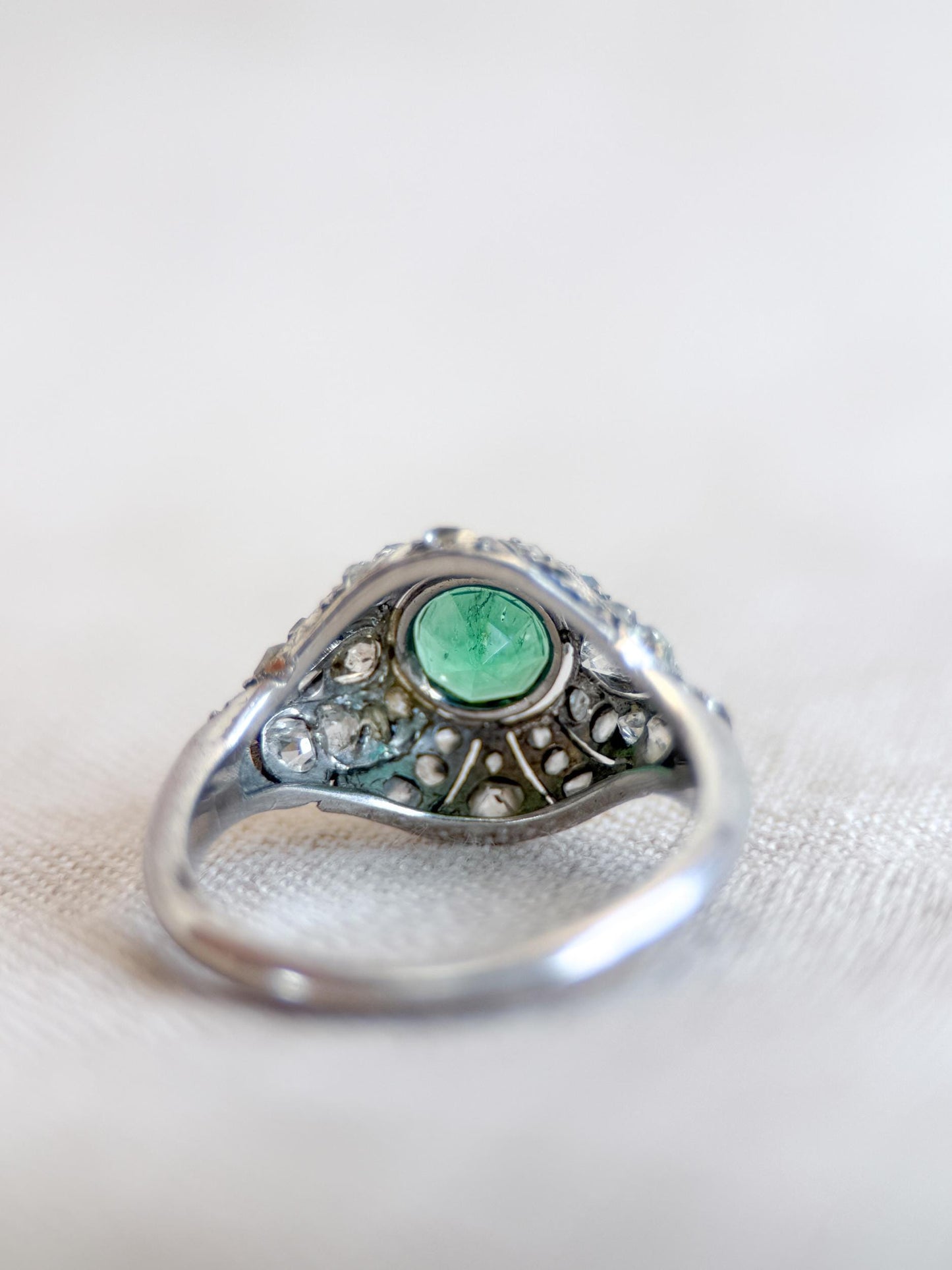 Vintage Emerald and Diamond Engagement Ring, Round Victorian Sterling Silver Alternative Bridal Ring