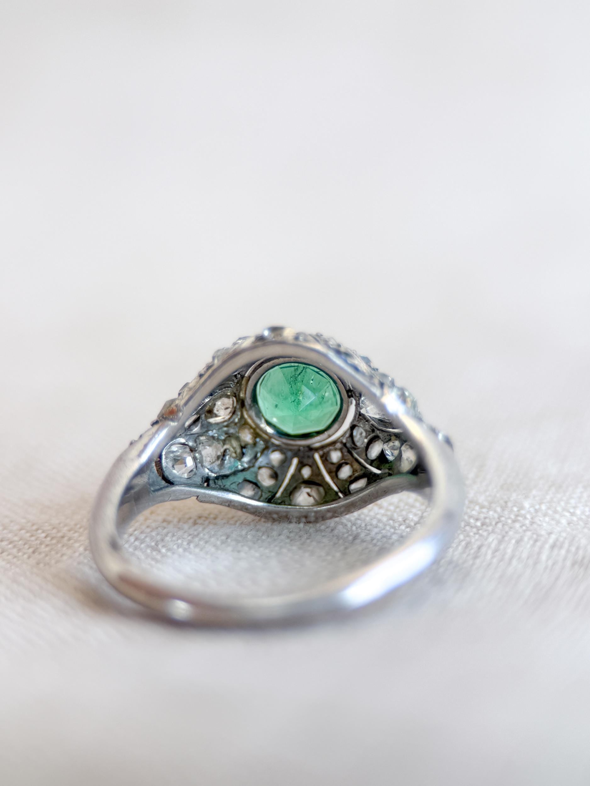 Vintage Emerald and Diamond Engagement Ring, Round Victorian Sterling Silver Alternative Bridal Ring