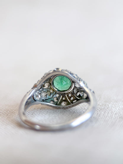 Vintage Emerald and Diamond Engagement Ring, Round Victorian Sterling Silver Alternative Bridal Ring