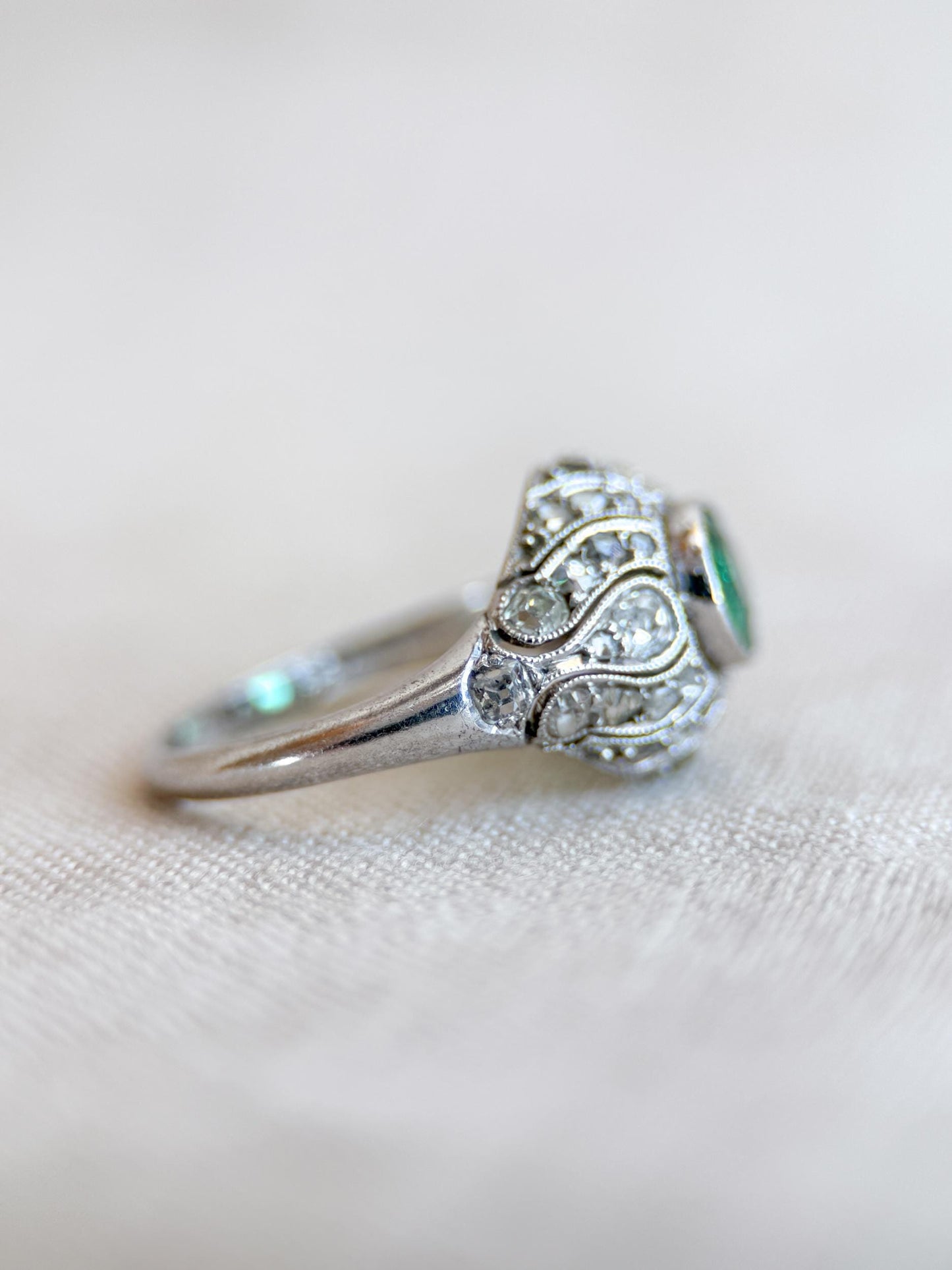Vintage Emerald and Diamond Engagement Ring, Round Victorian Sterling Silver Alternative Bridal Ring