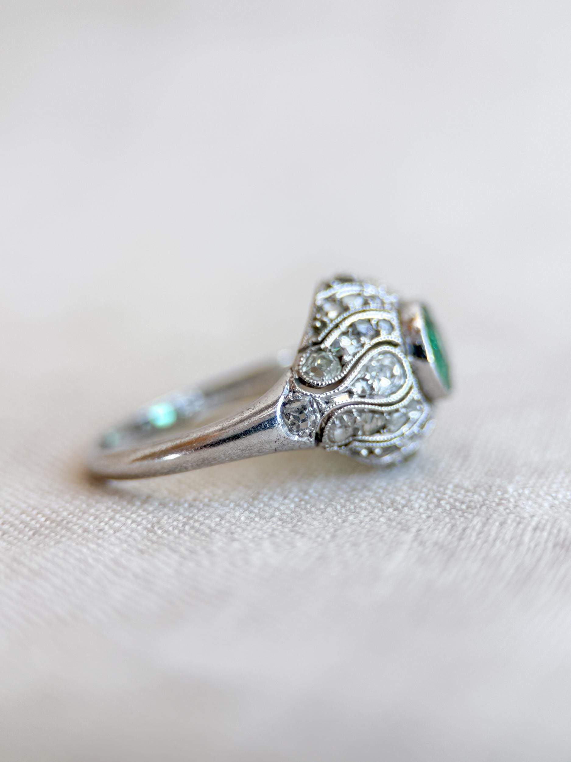 Vintage Emerald and Diamond Engagement Ring, Round Victorian Sterling Silver Alternative Bridal Ring