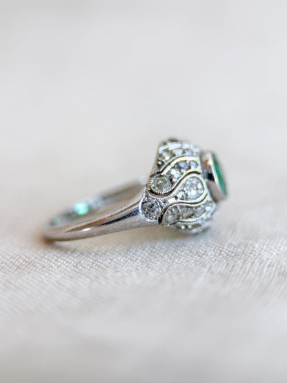 Vintage Emerald and Diamond Engagement Ring, Round Victorian Sterling Silver Alternative Bridal Ring