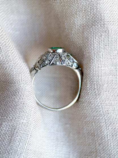 Vintage Emerald and Diamond Engagement Ring, Round Victorian Sterling Silver Alternative Bridal Ring