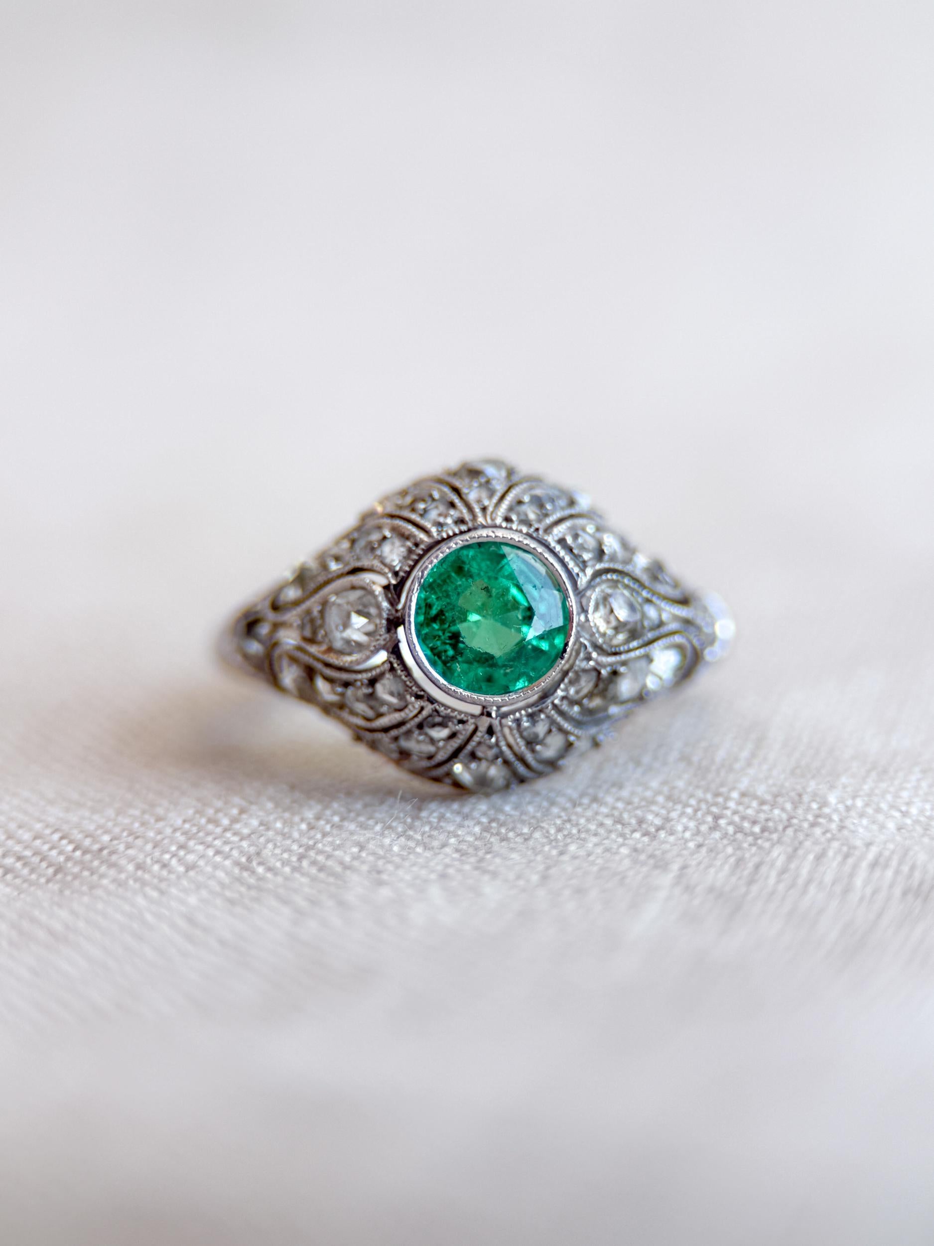 Vintage Emerald and Diamond Engagement Ring, Round Victorian Sterling Silver Alternative Bridal Ring