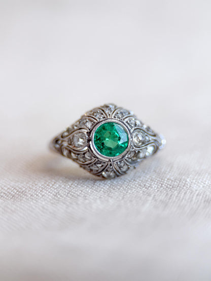 Vintage Emerald and Diamond Engagement Ring, Round Victorian Sterling Silver Alternative Bridal Ring