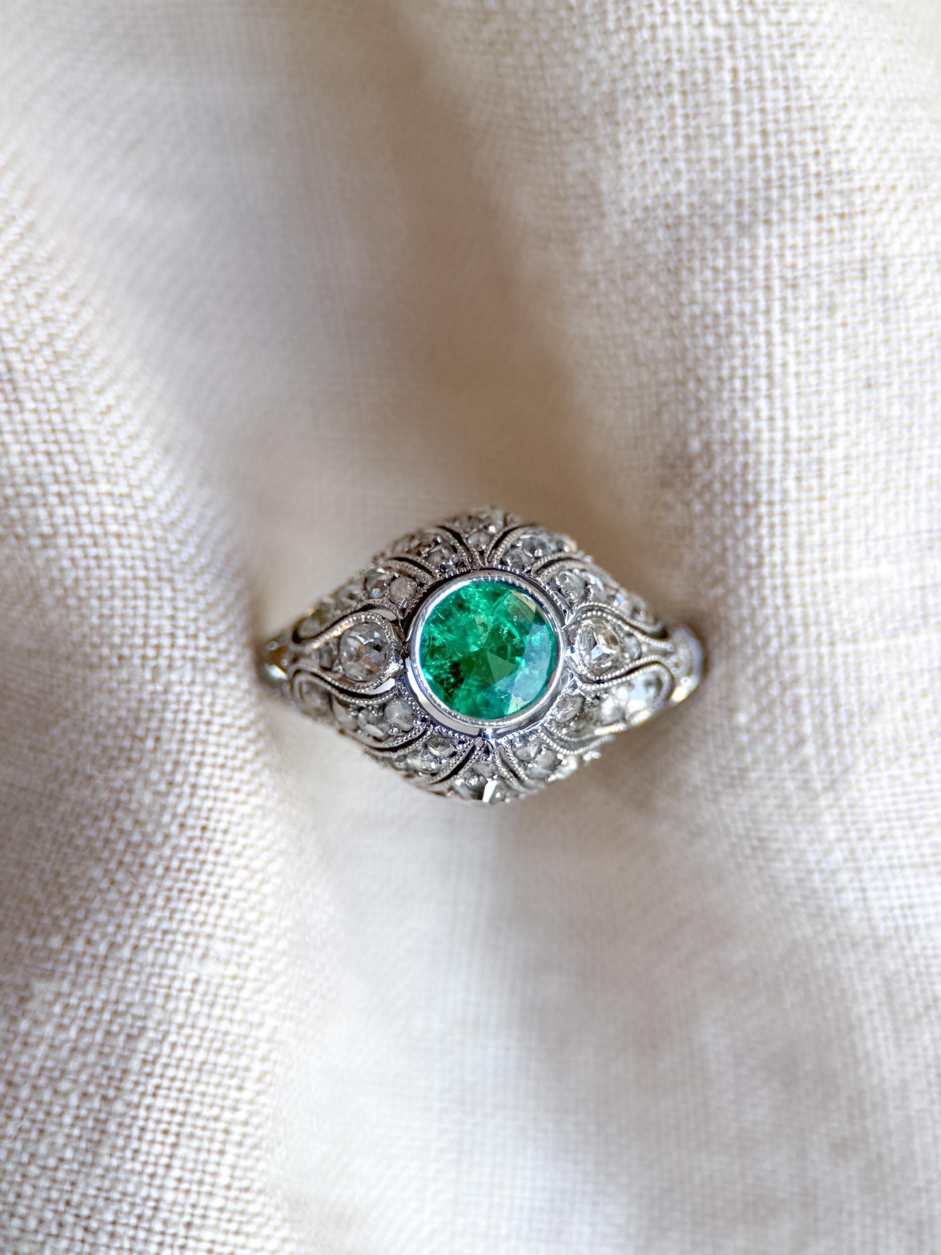 Vintage Emerald and Diamond Engagement Ring, Round Victorian Sterling Silver Alternative Bridal Ring