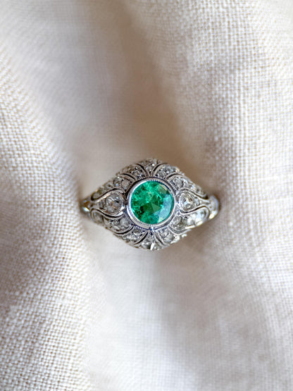 Vintage Emerald and Diamond Engagement Ring, Round Victorian Sterling Silver Alternative Bridal Ring