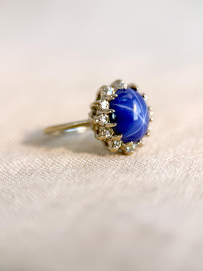 Vintage Star Sapphire and Diamond Halo Engagement Ring, Oval 14k White Gold Bridal Ring