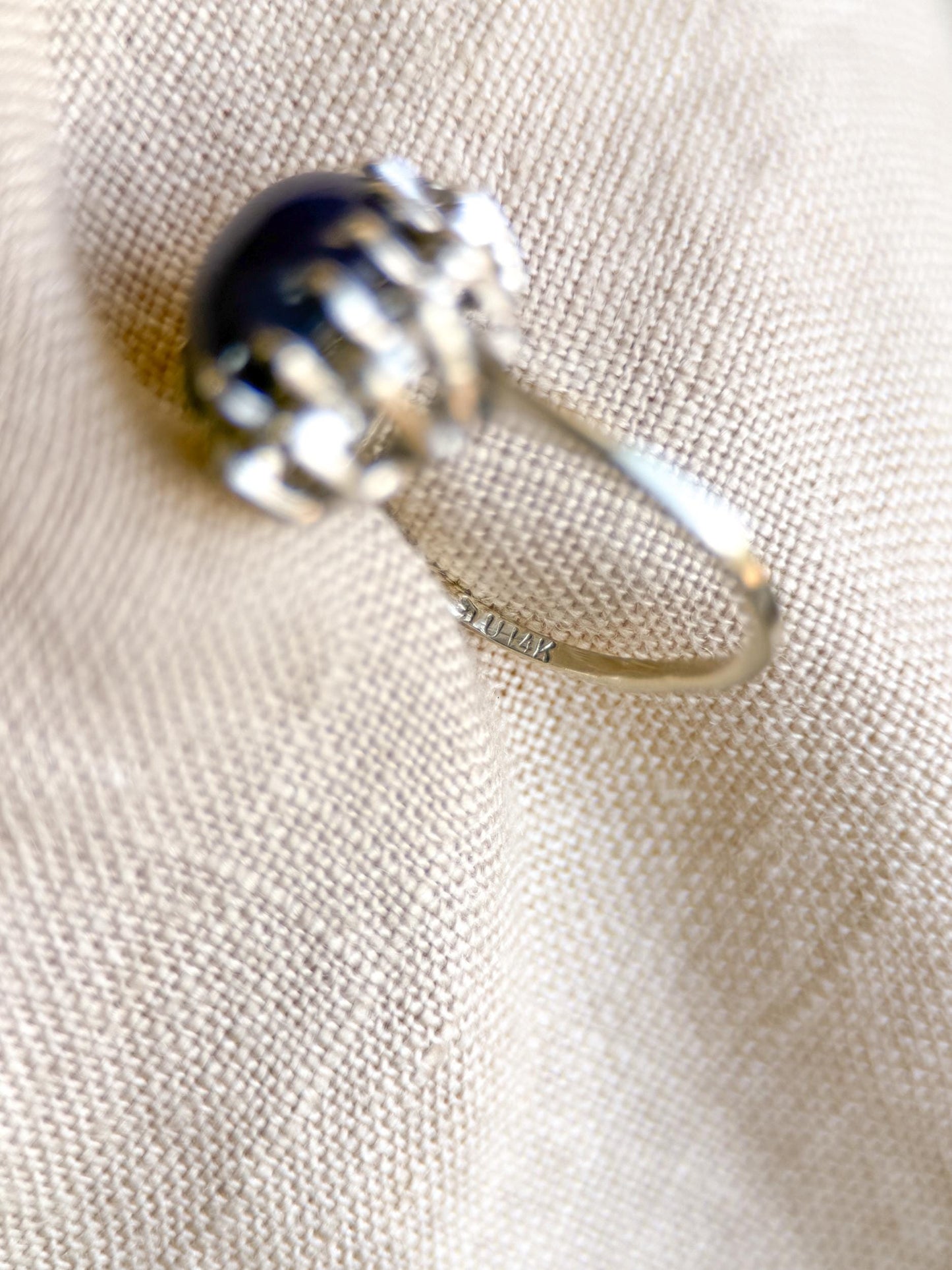 Vintage Star Sapphire and Diamond Halo Engagement Ring, Oval 14k White Gold Bridal Ring