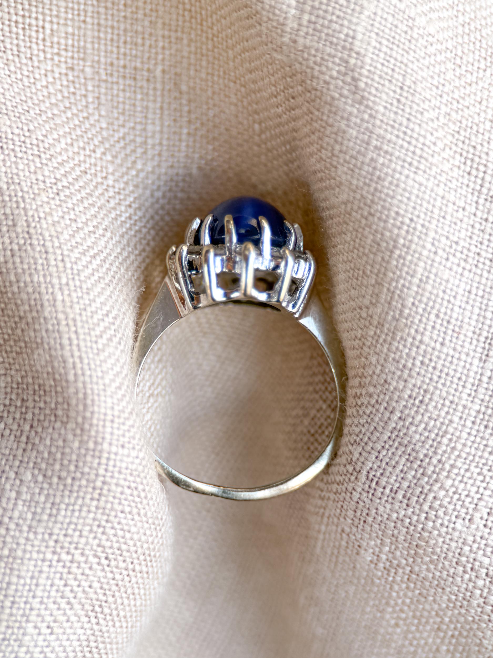 Vintage Star Sapphire and Diamond Halo Engagement Ring, Oval 14k White Gold Bridal Ring