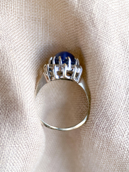 Vintage Star Sapphire and Diamond Halo Engagement Ring, Oval 14k White Gold Bridal Ring