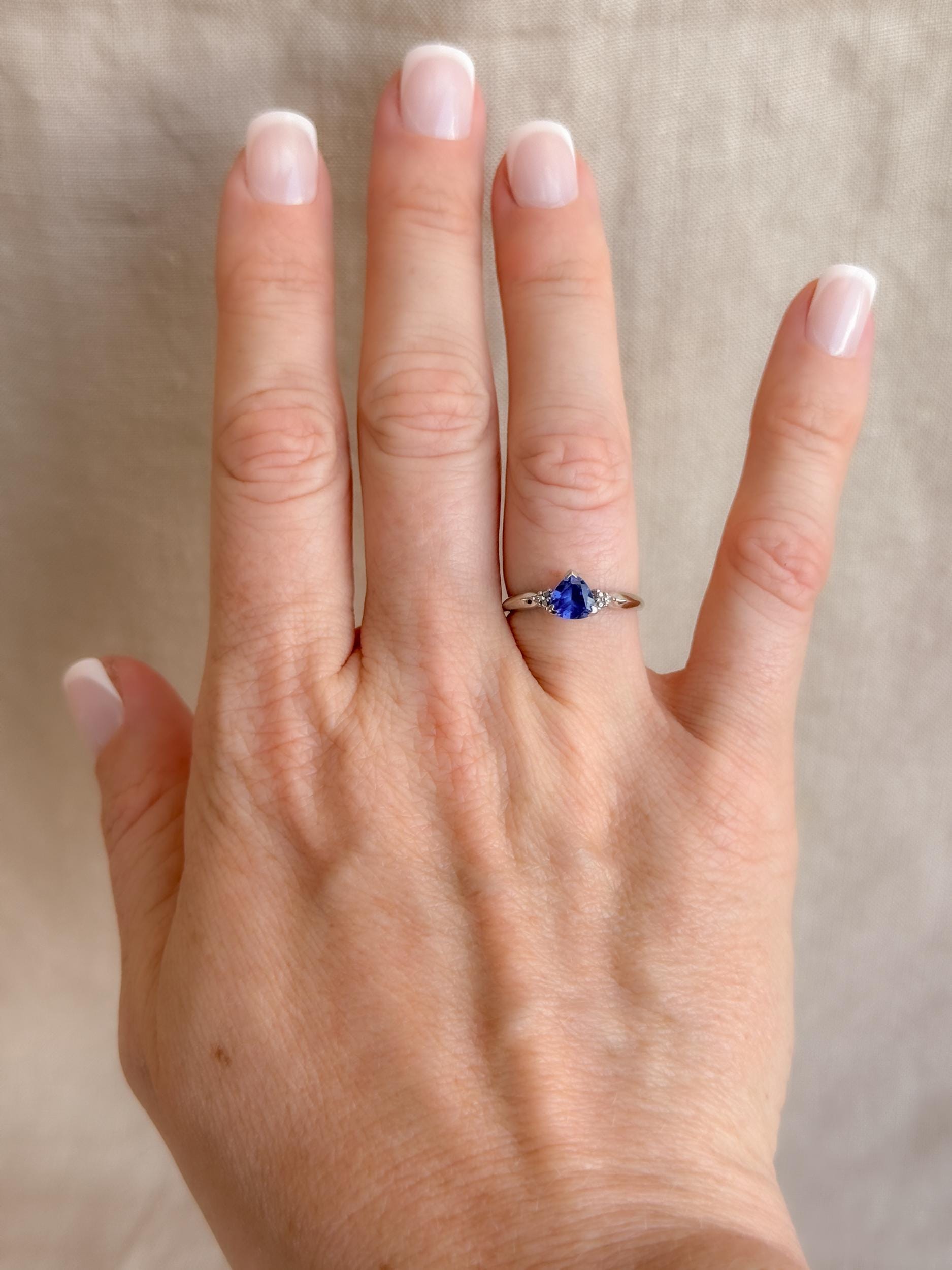 Vintage Sapphire and Diamond Engagement Ring, Trillion Cut 10k White Gold Alternative Bridal Ring