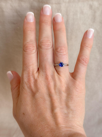 Vintage Sapphire and Diamond Engagement Ring, Trillion Cut 10k White Gold Alternative Bridal Ring