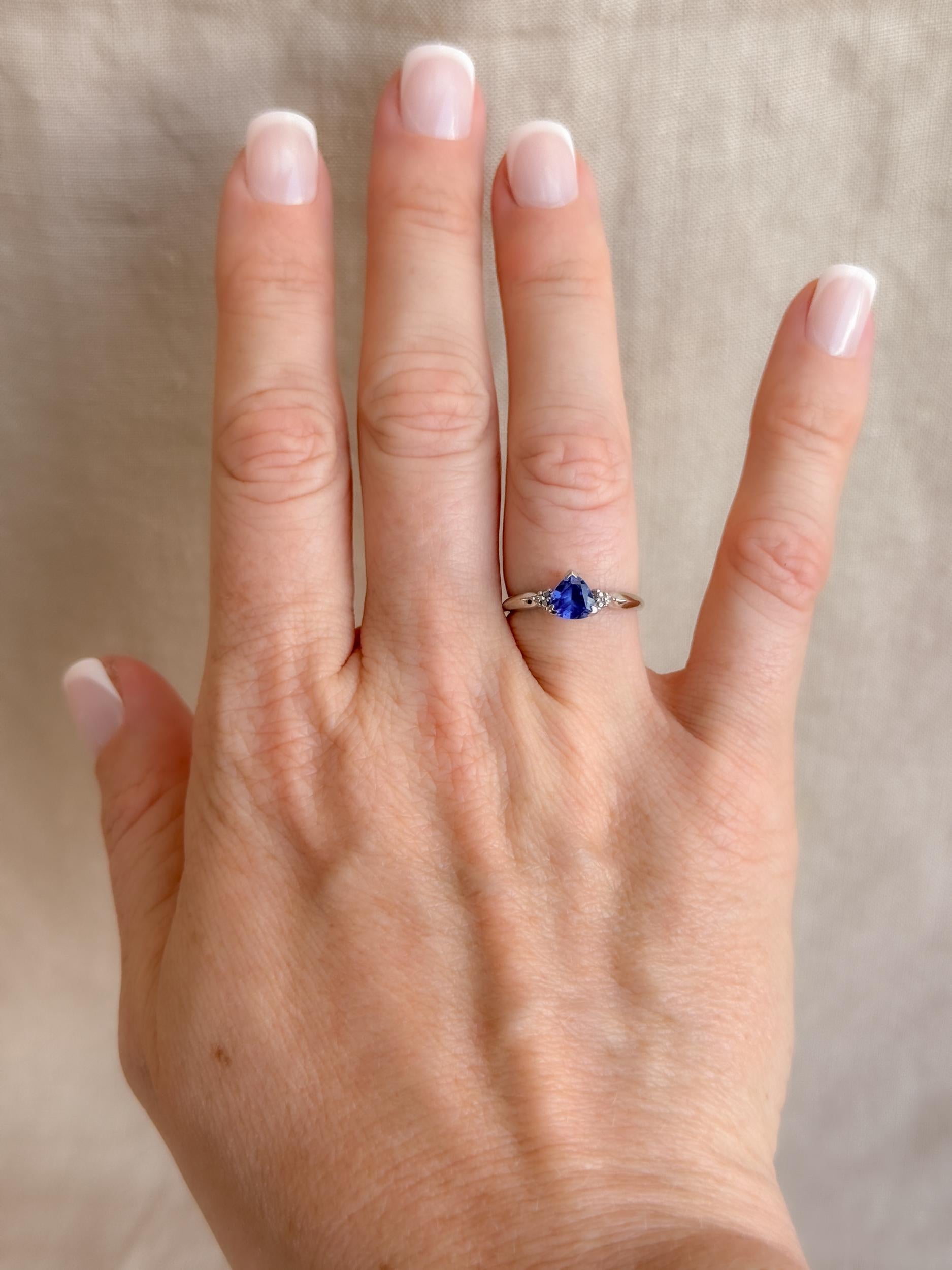 Vintage Sapphire and Diamond Engagement Ring, Trillion Cut 10k White Gold Alternative Bridal Ring