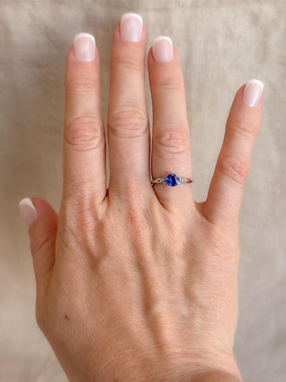 Vintage Sapphire and Diamond Engagement Ring, Trillion Cut 10k White Gold Alternative Bridal Ring