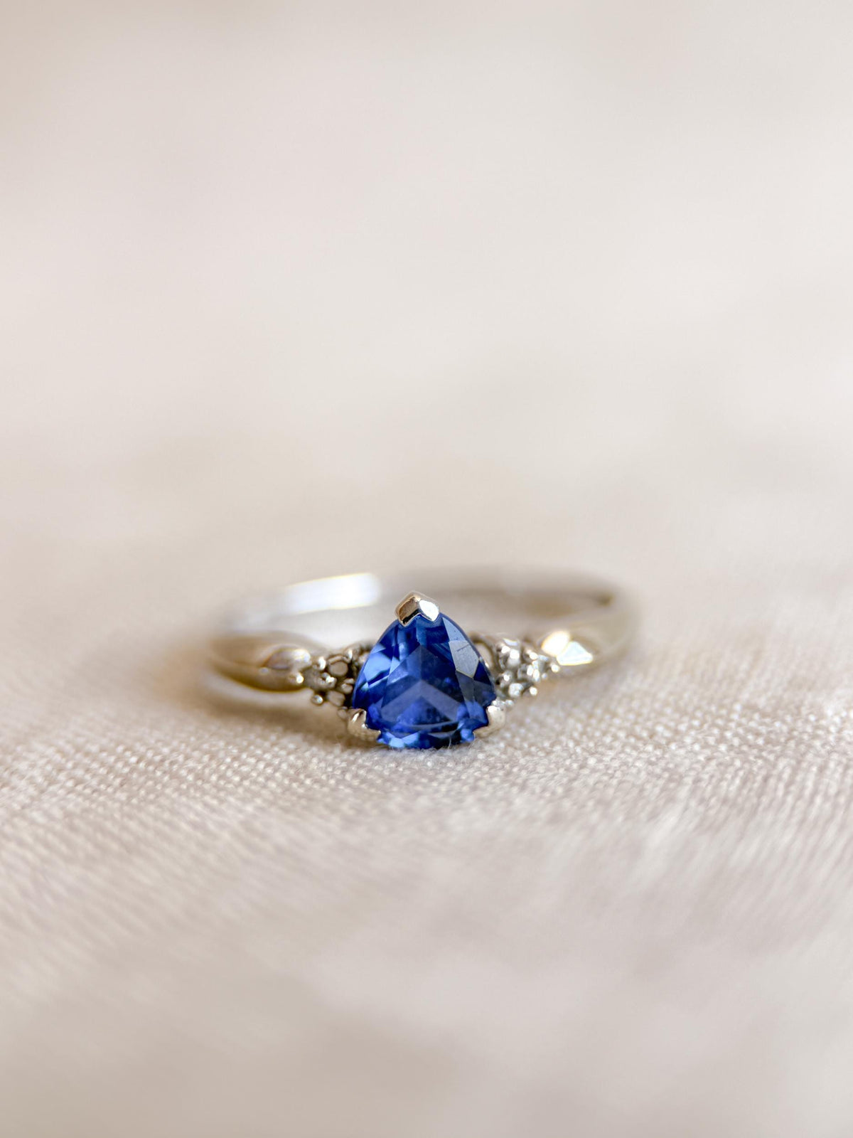 Vintage Sapphire and Diamond Engagement Ring, Trillion Cut 10k White Gold Alternative Bridal Ring