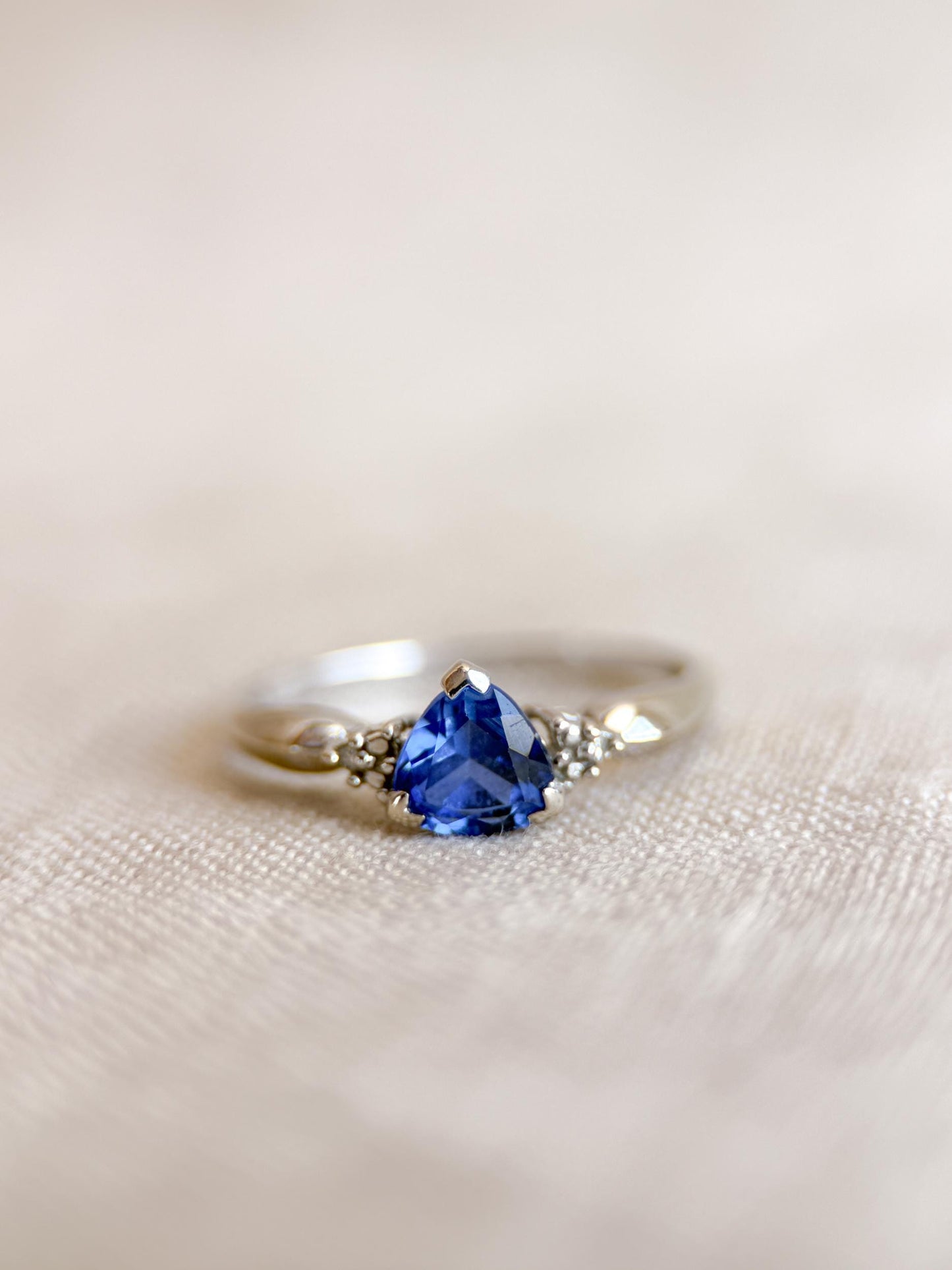 Vintage Sapphire and Diamond Engagement Ring, Trillion Cut 10k White Gold Alternative Bridal Ring