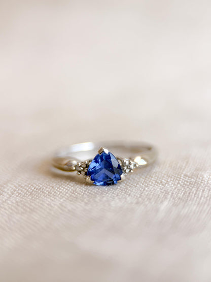 Vintage Sapphire and Diamond Engagement Ring, Trillion Cut 10k White Gold Alternative Bridal Ring