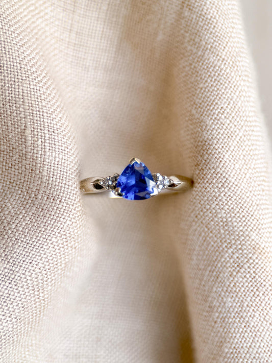 Vintage Sapphire and Diamond Engagement Ring, Trillion Cut 10k White Gold Alternative Bridal Ring