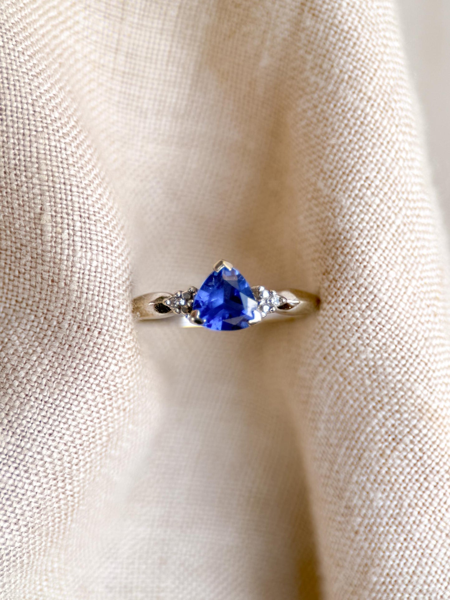 Vintage Sapphire and Diamond Engagement Ring, Trillion Cut 10k White Gold Alternative Bridal Ring