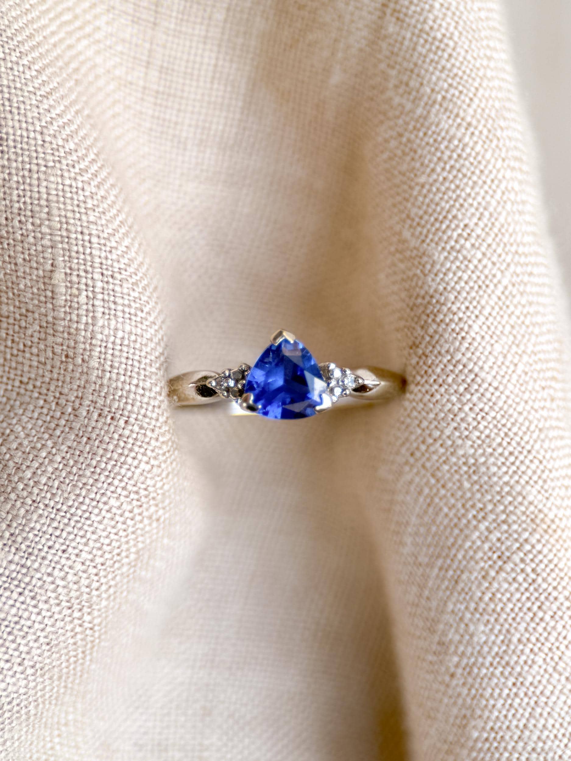 Vintage Sapphire and Diamond Engagement Ring, Trillion Cut 10k White Gold Alternative Bridal Ring