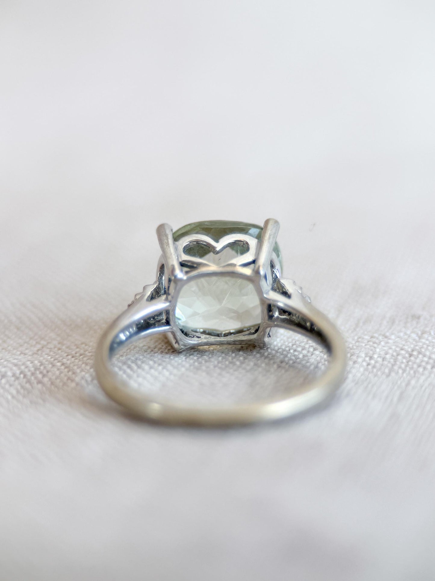 Vintage Prasiolite and Diamond Engagement Ring, Cushion Cut, 10k White Gold, Alternative Bridal Ring
