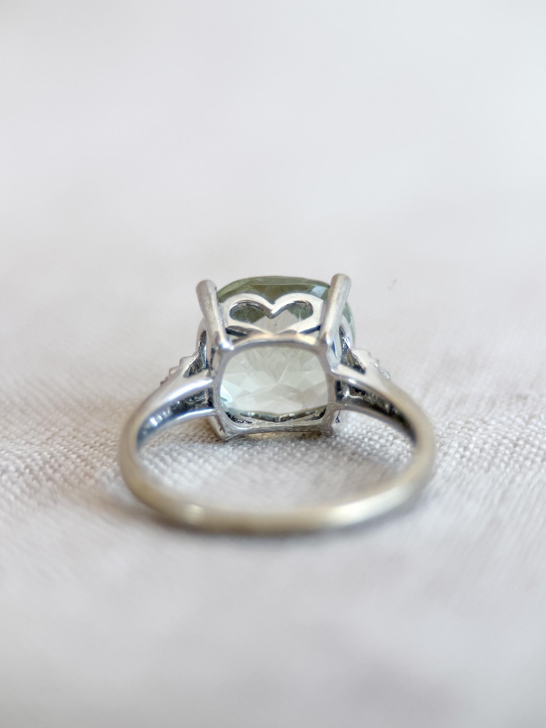 Vintage Prasiolite and Diamond Engagement Ring, Cushion Cut, 10k White Gold, Alternative Bridal Ring