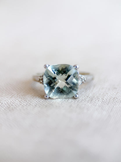 Vintage Prasiolite and Diamond Engagement Ring, Cushion Cut, 10k White Gold, Alternative Bridal Ring
