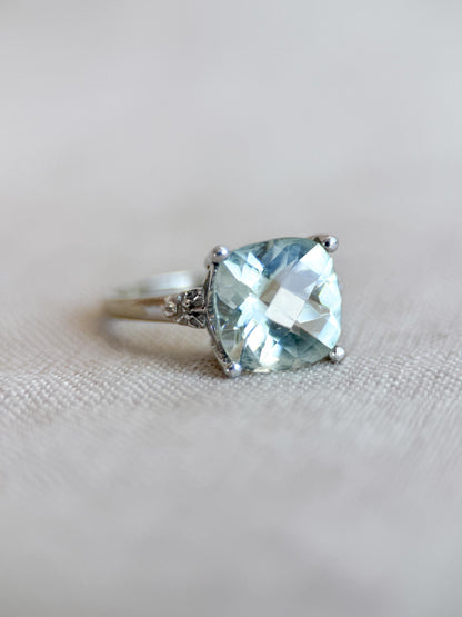 Vintage Prasiolite and Diamond Engagement Ring, Cushion Cut, 10k White Gold, Alternative Bridal Ring