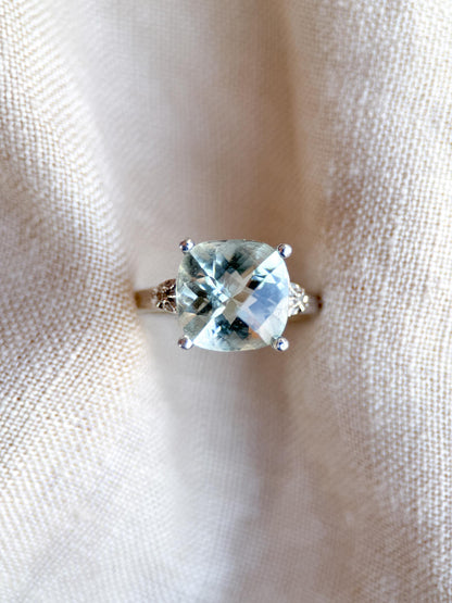 Vintage Prasiolite and Diamond Engagement Ring, Cushion Cut, 10k White Gold, Alternative Bridal Ring
