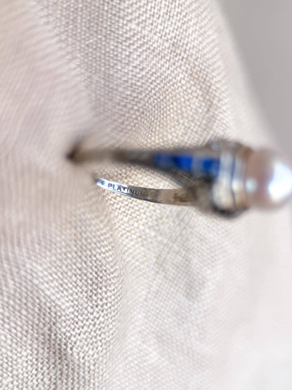 Vintage Pearl and Sapphire Engagement Ring, Platinum Art Deco Filigree Alternative Bridal Ring