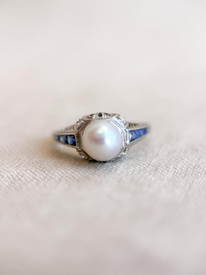 Vintage Pearl and Sapphire Engagement Ring, Platinum Art Deco Filigree Alternative Bridal Ring
