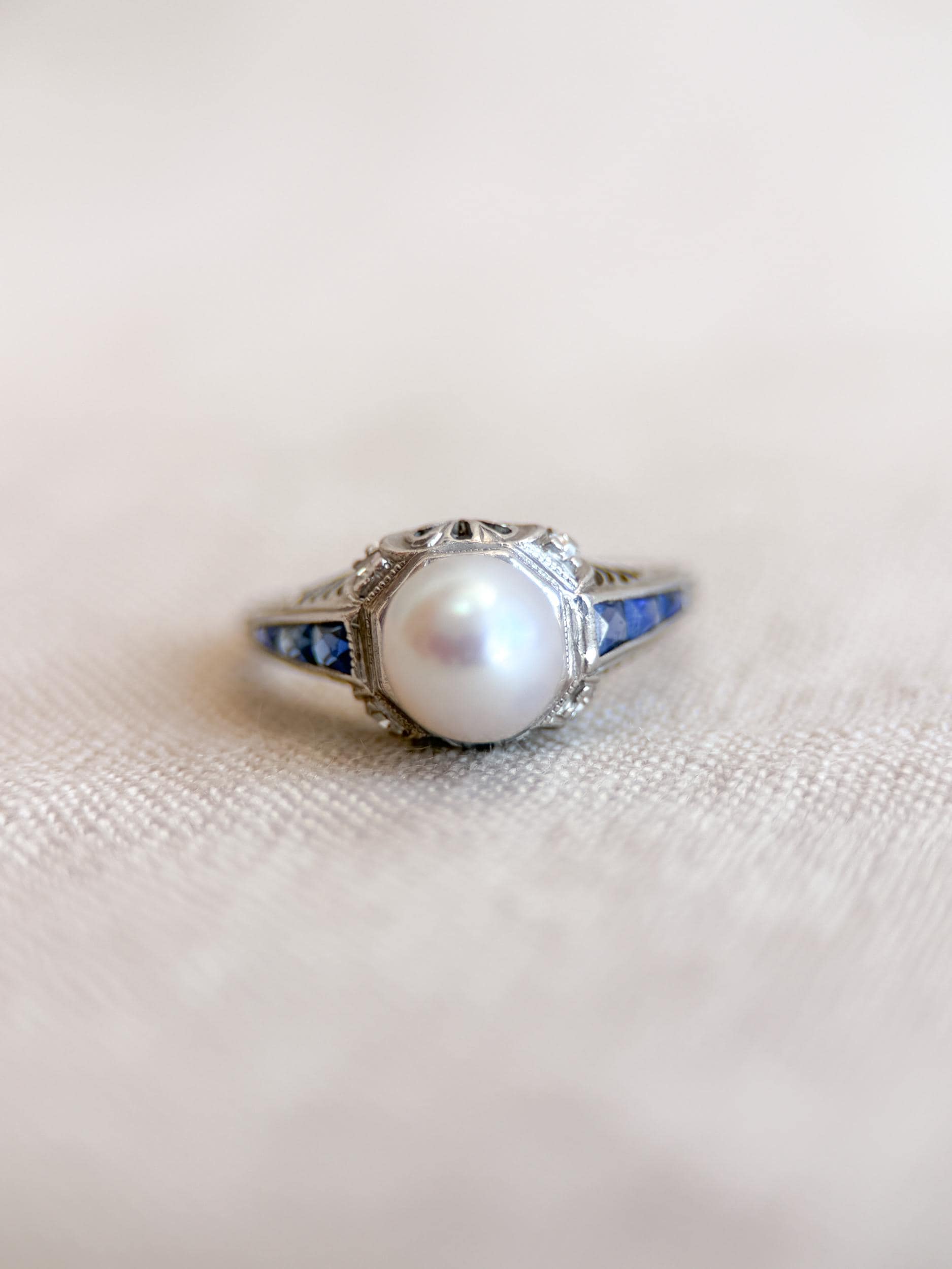 Vintage Pearl and Sapphire Engagement Ring, Platinum Art Deco Filigree Alternative Bridal Ring