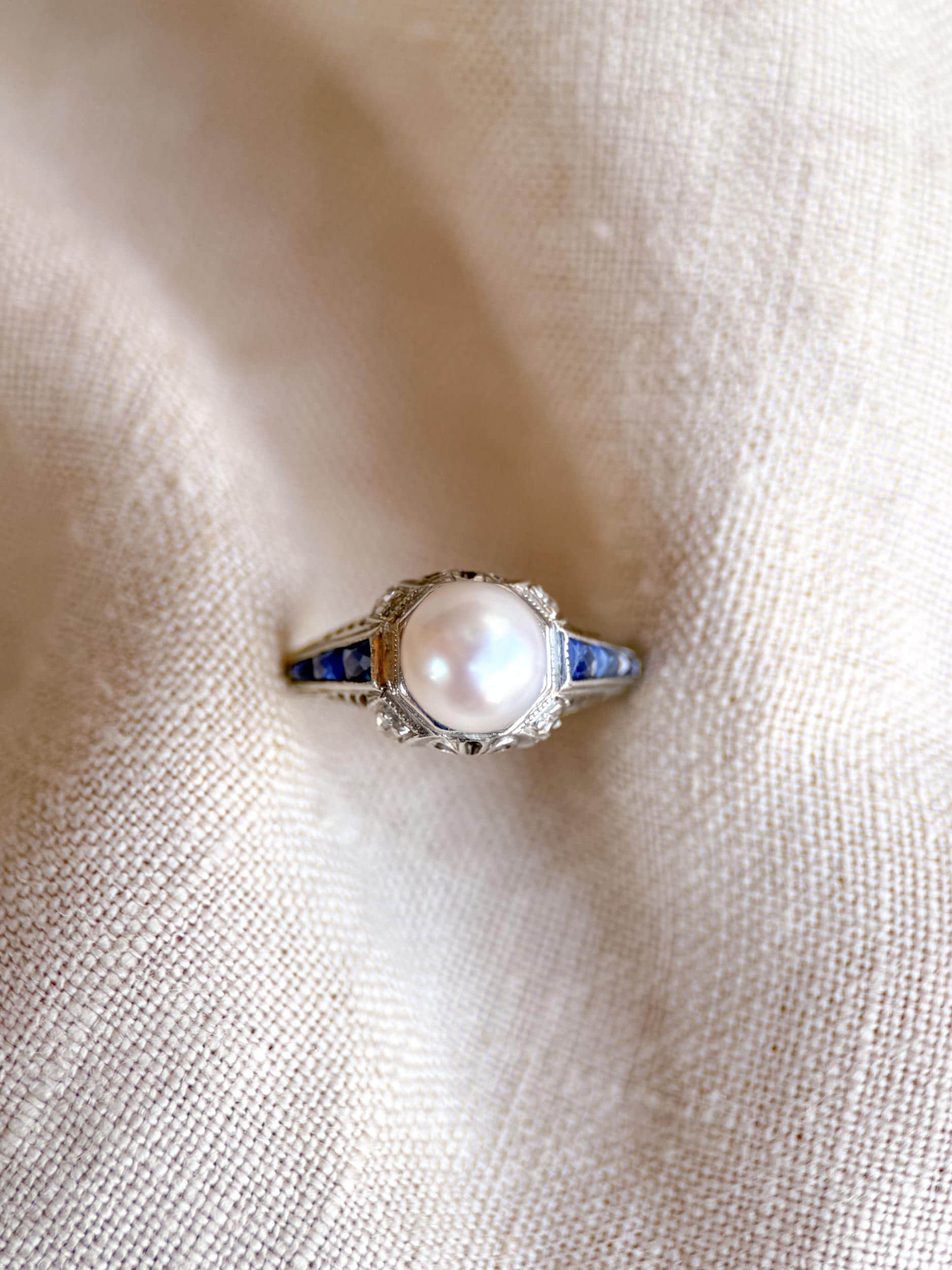 Vintage Pearl and Sapphire Engagement Ring, Platinum Art Deco Filigree Alternative Bridal Ring