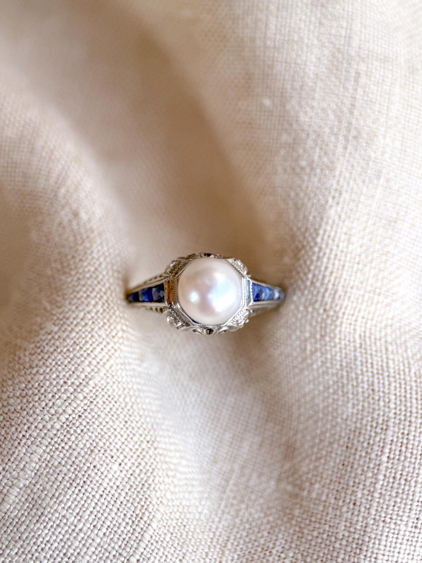 Vintage Pearl and Sapphire Engagement Ring, Platinum Art Deco Filigree Alternative Bridal Ring