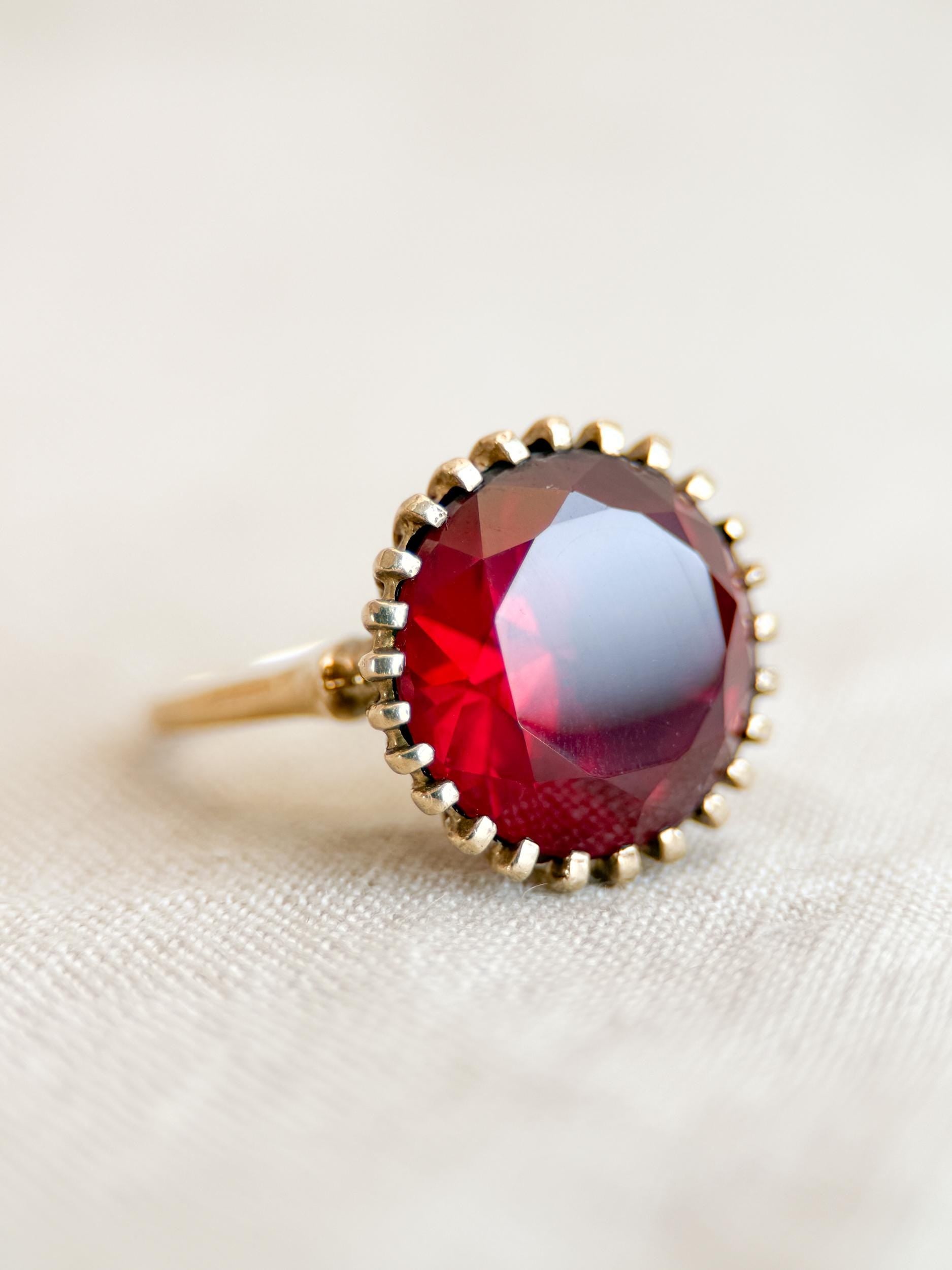 Vintage Ruby Ring, 10k Gold, Round Cut Large Solitaire Statement Ring, 1970s Bold Jewelry