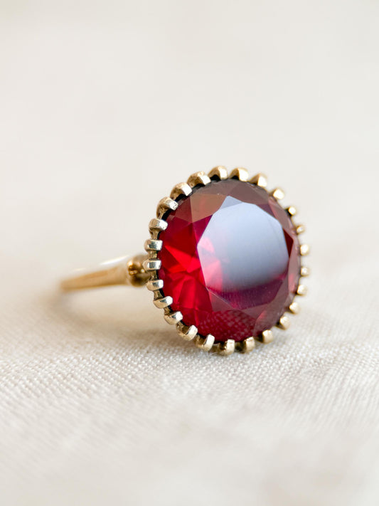 Vintage Ruby Ring, 10k Gold, Round Cut Large Solitaire Statement Ring, 1970s Bold Jewelry
