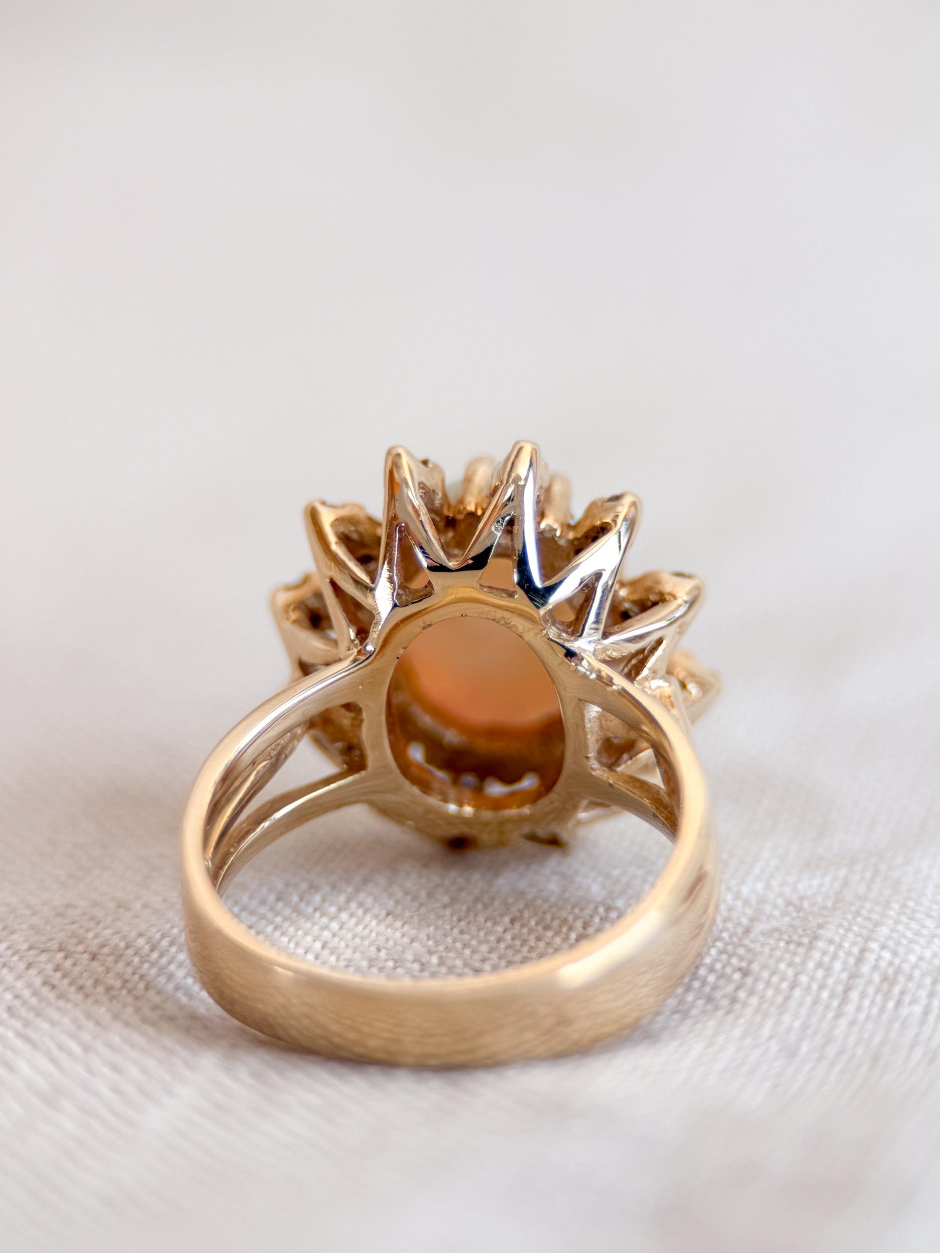 Vintage Opal and Diamond Halo Ring, 14k Gold, Oval Statement or Alternative Bridal Ring