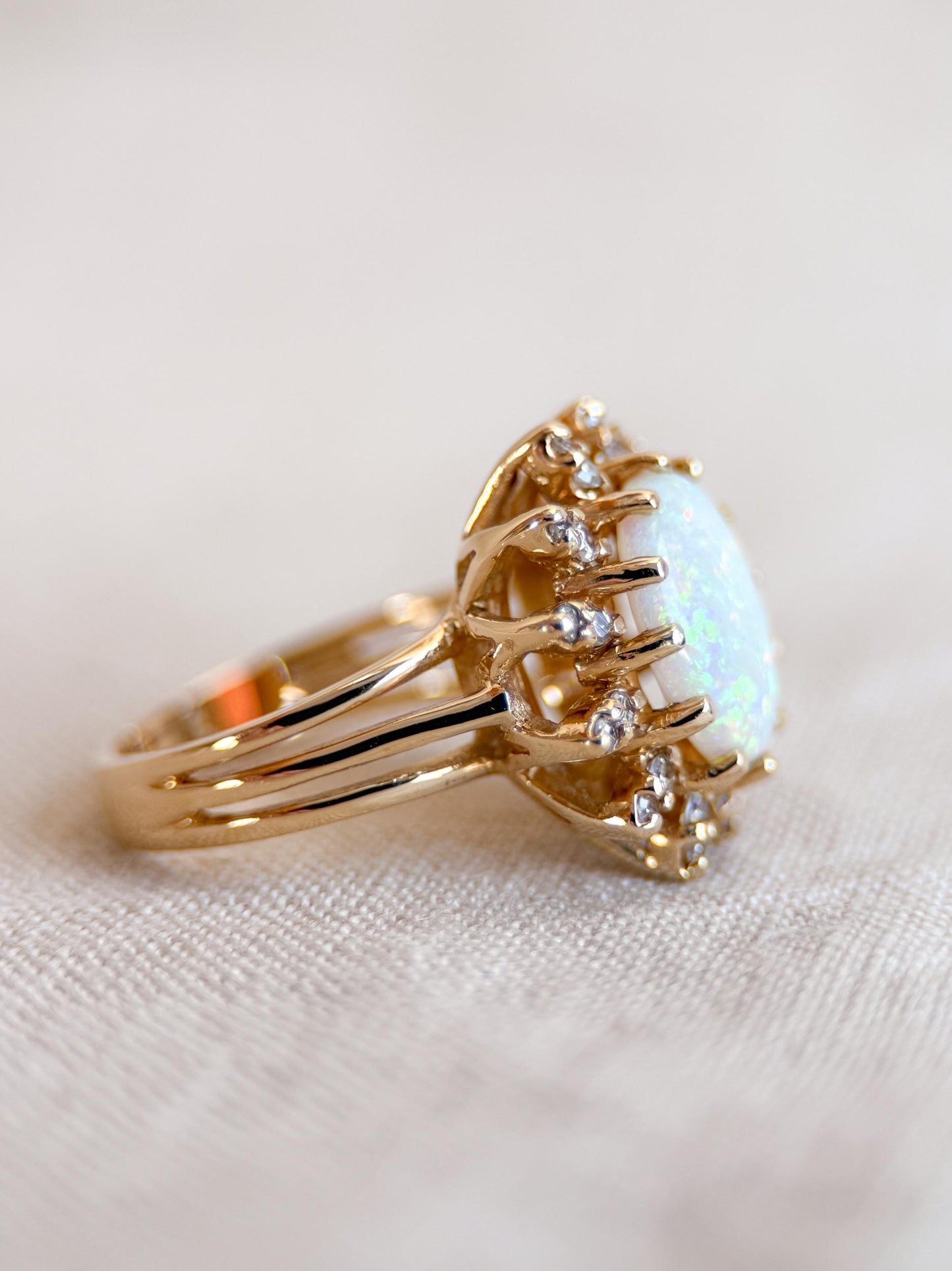 Vintage Opal and Diamond Halo Ring, 14k Gold, Oval Statement or Alternative Bridal Ring