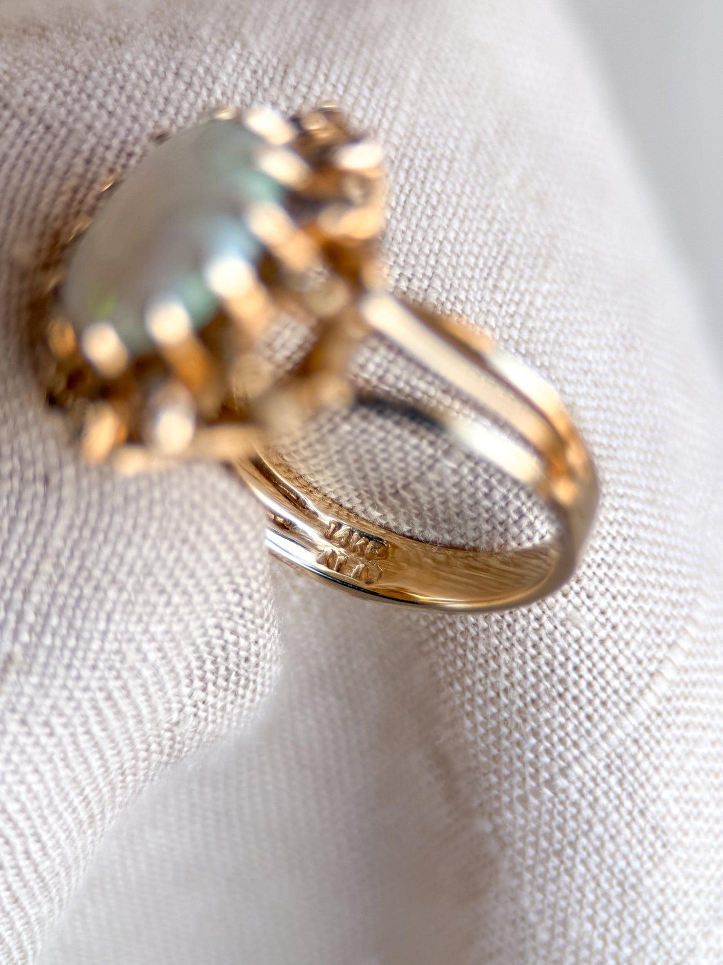 Vintage Opal and Diamond Halo Ring, 14k Gold, Oval Statement or Alternative Bridal Ring