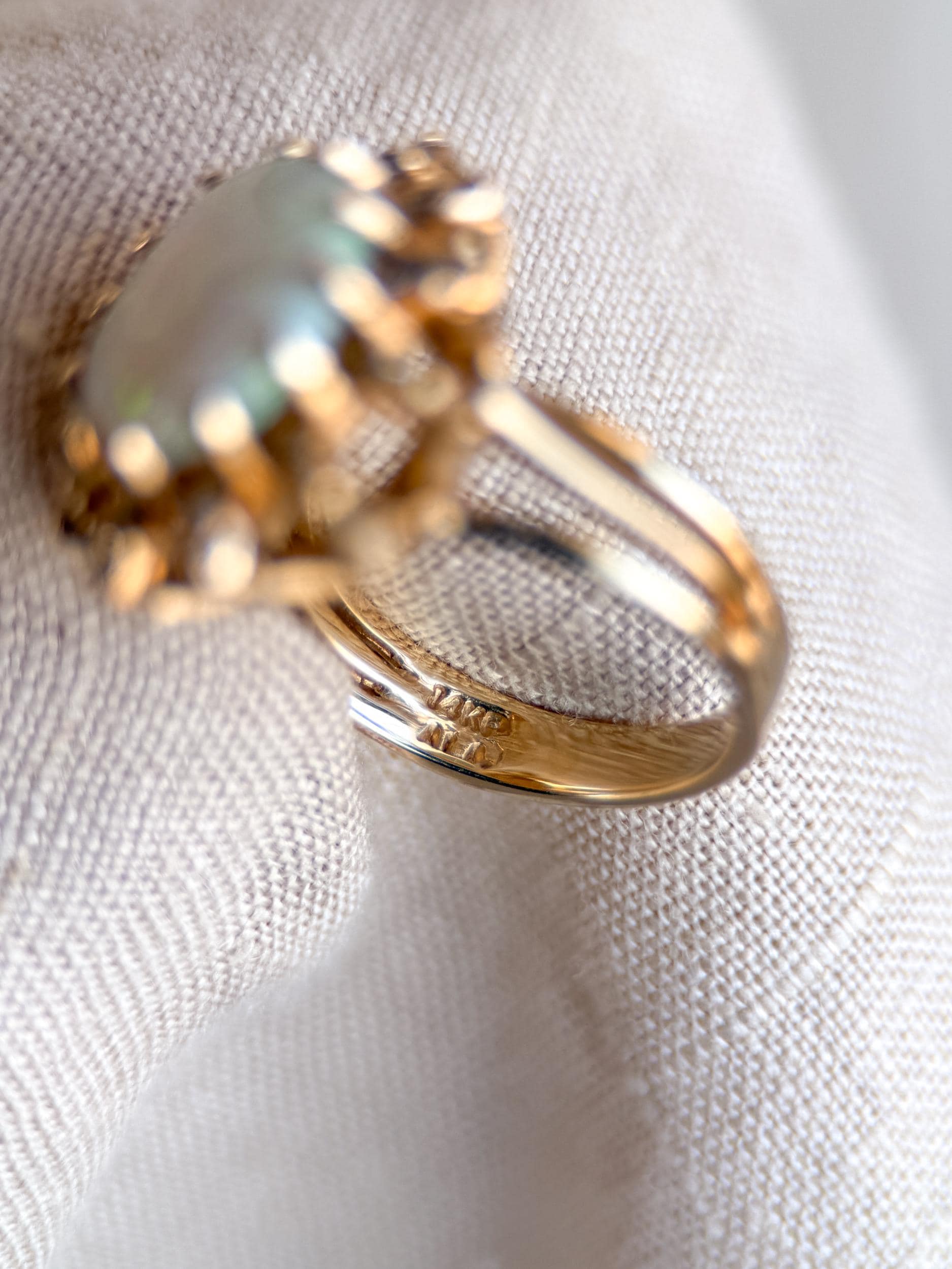 Vintage Opal and Diamond Halo Ring, 14k Gold, Oval Statement or Alternative Bridal Ring