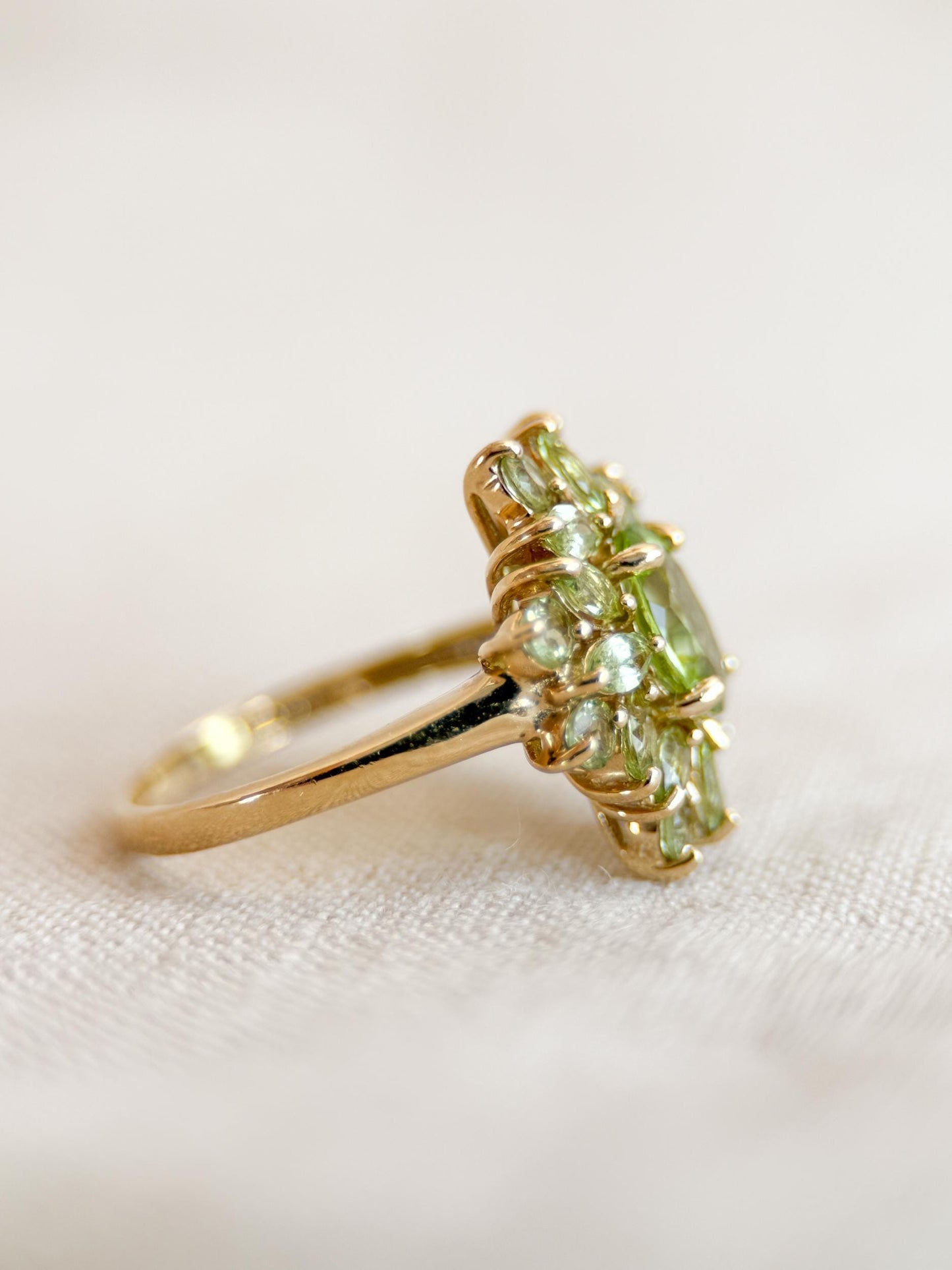 Vintage Peridot Ring, 10k Gold, Cluster Floral Halo Statement Ring, Green Gemstone Jewelry