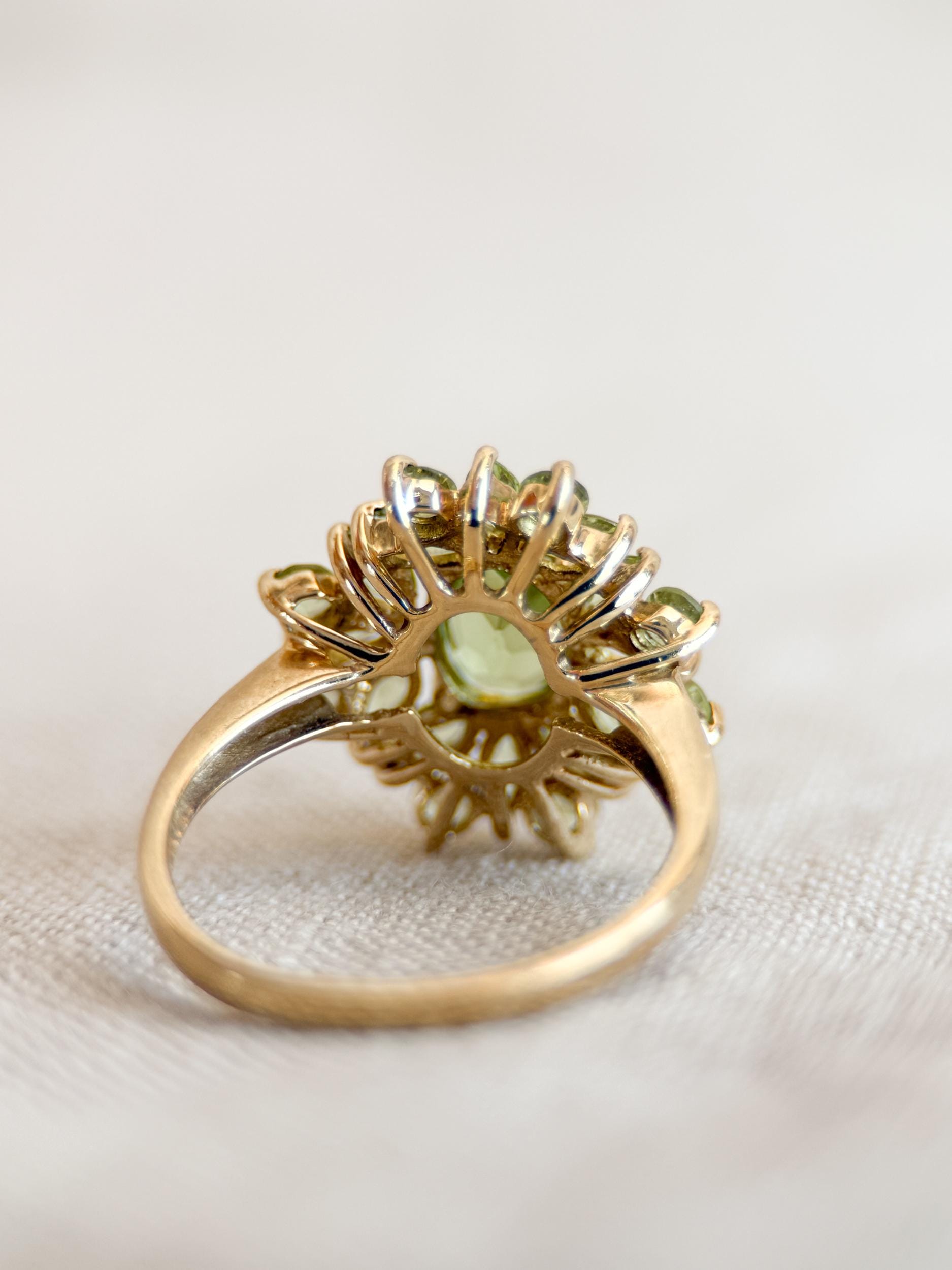 Vintage Peridot Ring, 10k Gold, Cluster Floral Halo Statement Ring, Green Gemstone Jewelry