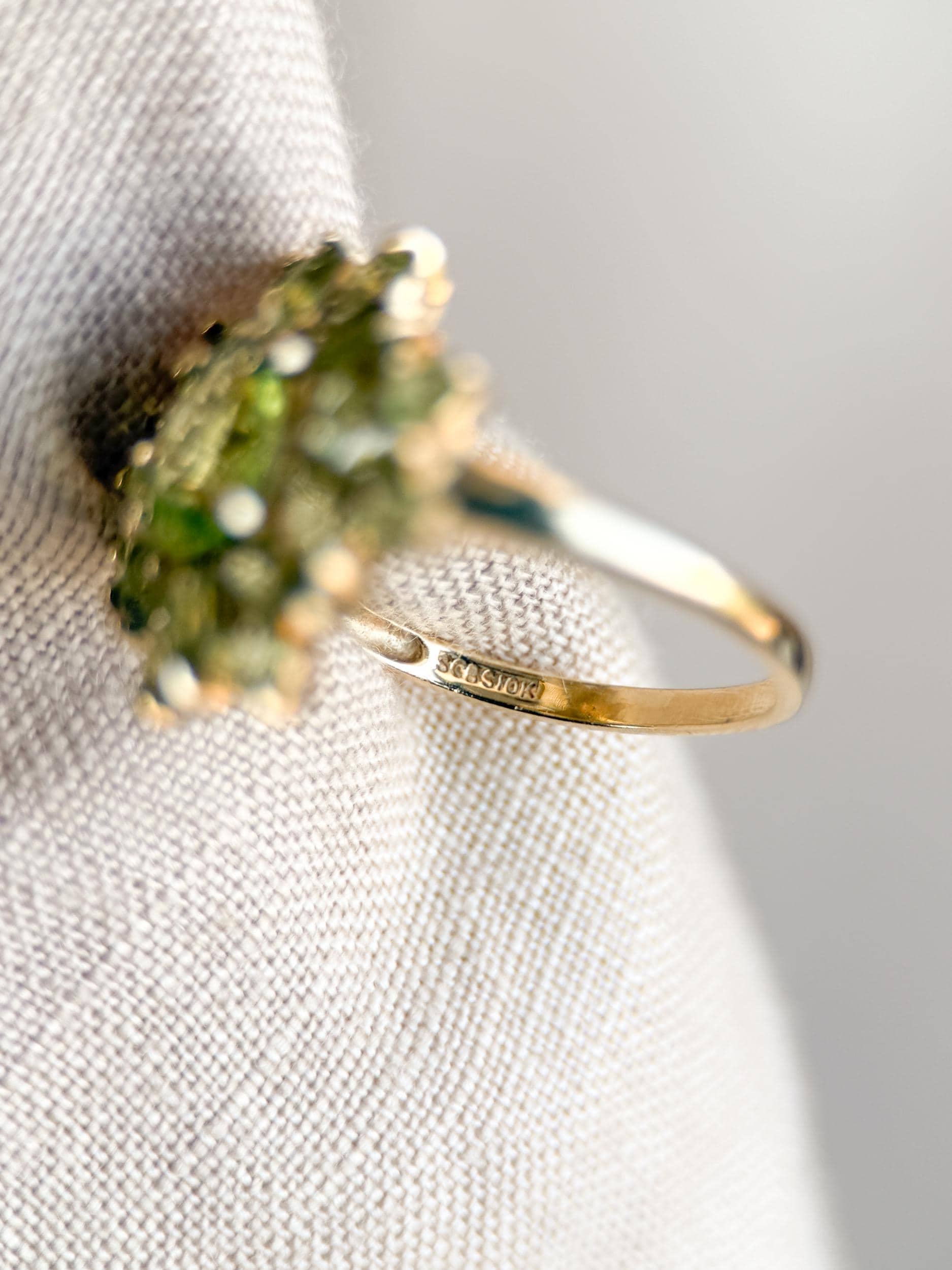 Vintage Peridot Ring, 10k Gold, Cluster Floral Halo Statement Ring, Green Gemstone Jewelry