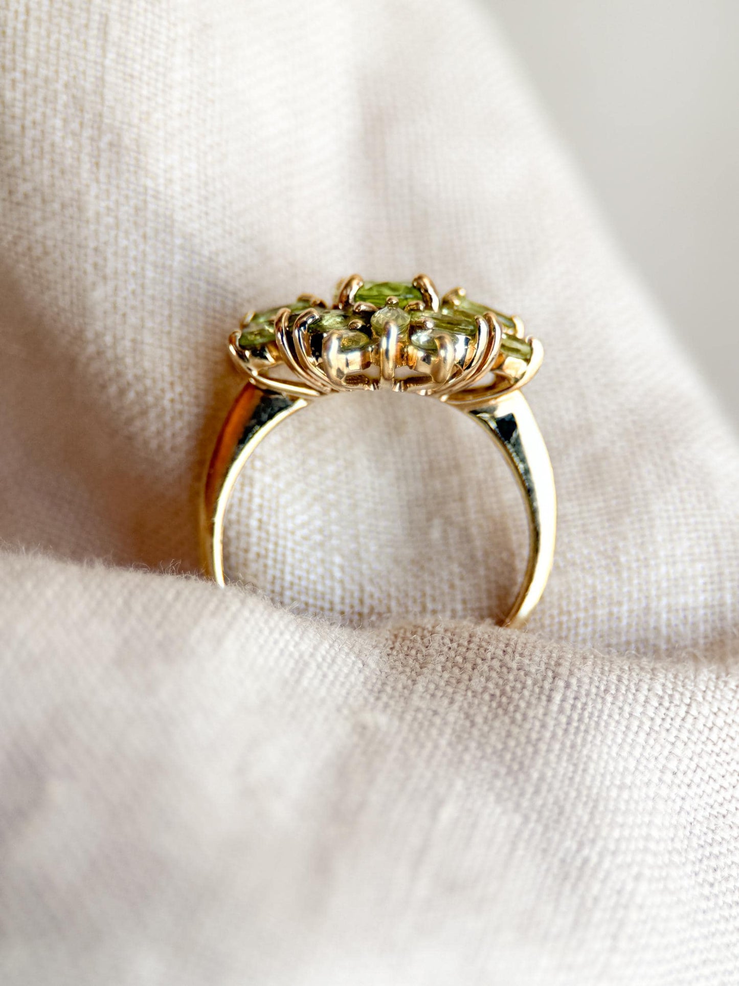 Vintage Peridot Ring, 10k Gold, Cluster Floral Halo Statement Ring, Green Gemstone Jewelry