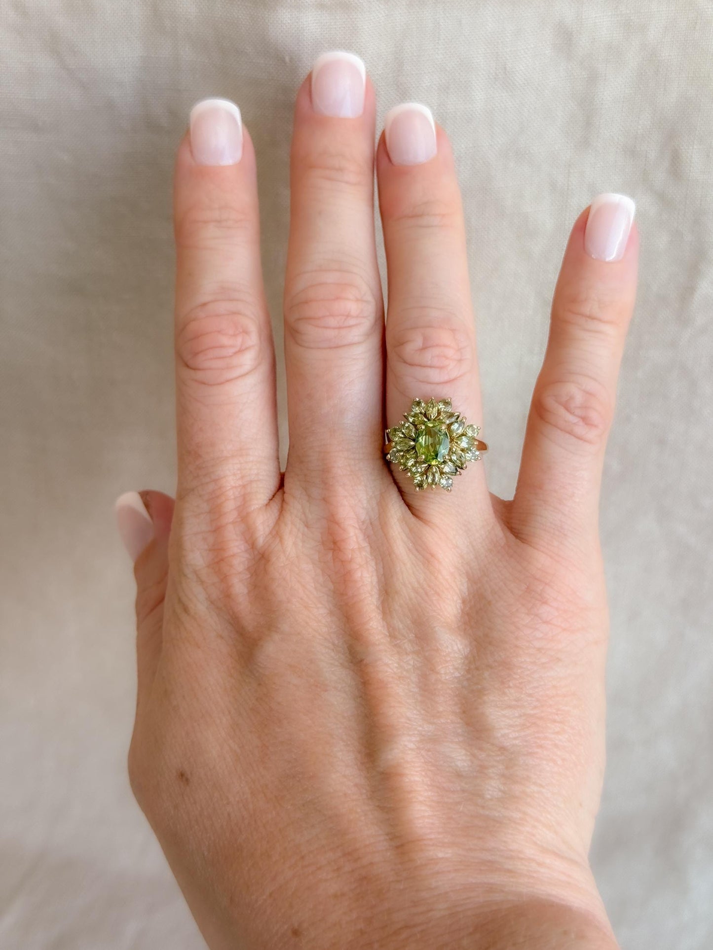 Vintage Peridot Ring, 10k Gold, Cluster Floral Halo Statement Ring, Green Gemstone Jewelry