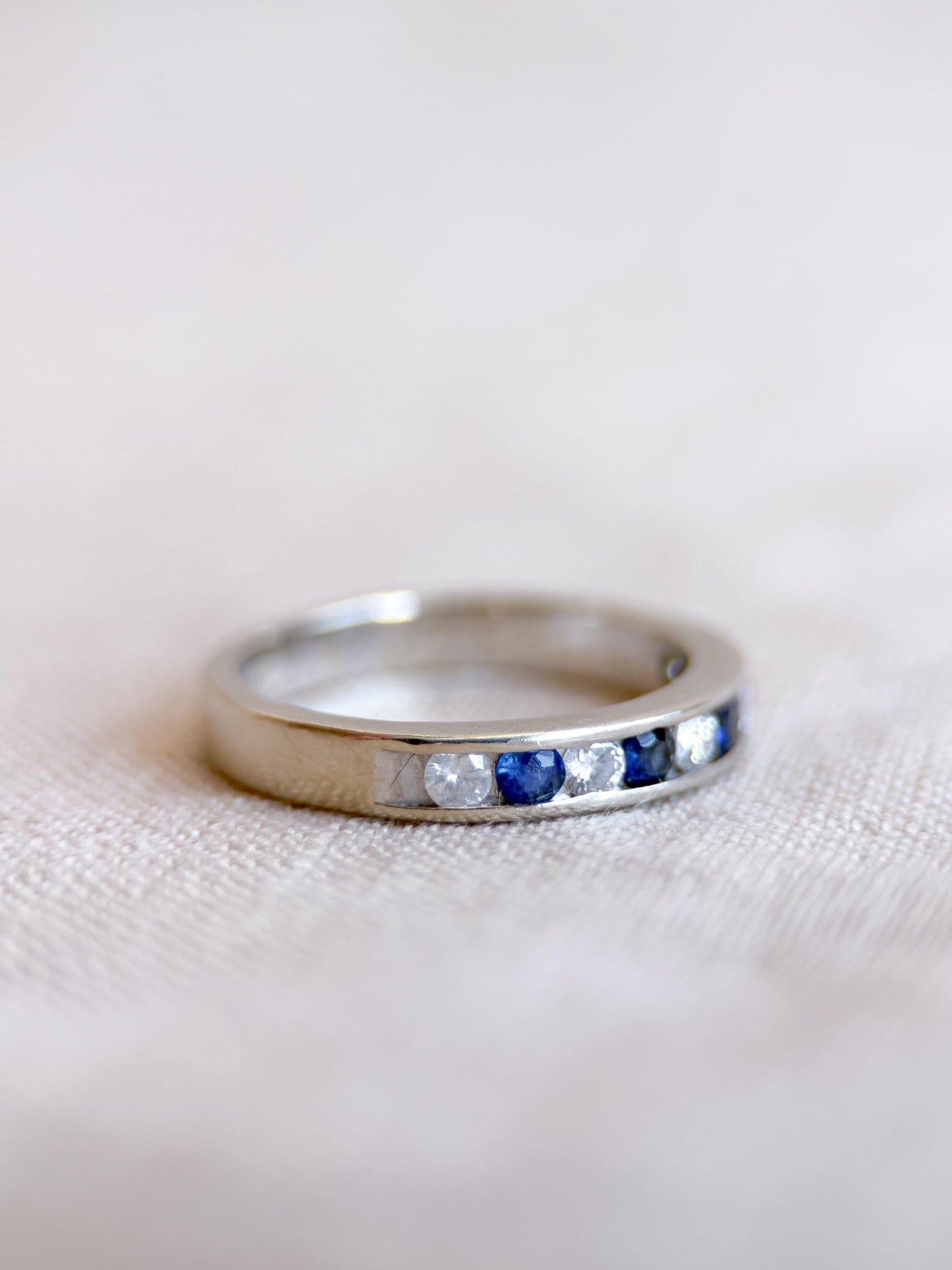 Vintage Diamond and Sapphire Wedding Band, 14k White Gold, Channel Minimalist Ring, Stacking Band